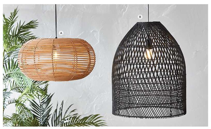 Rattan pendant lamps, one natural and one black